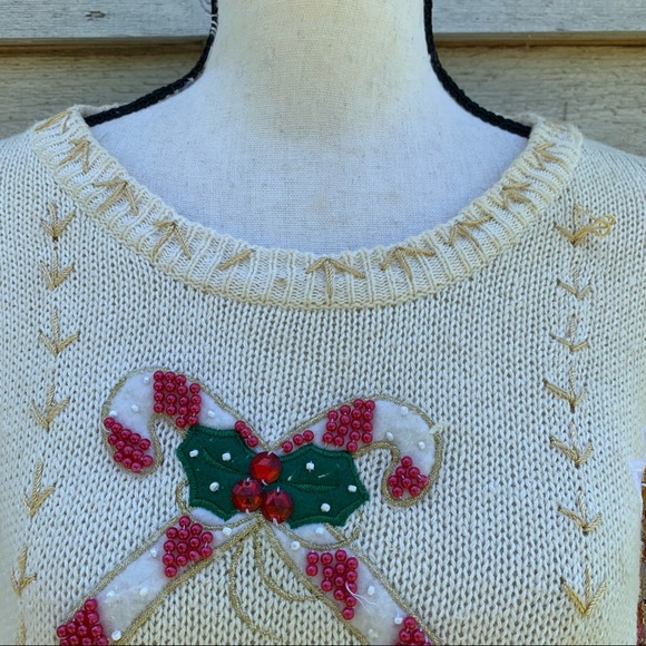 Vintage 90s White Patchwork Appliqué Long Sleeve Crewneck Ugly Christmas Sweater - Picture 6 of 16